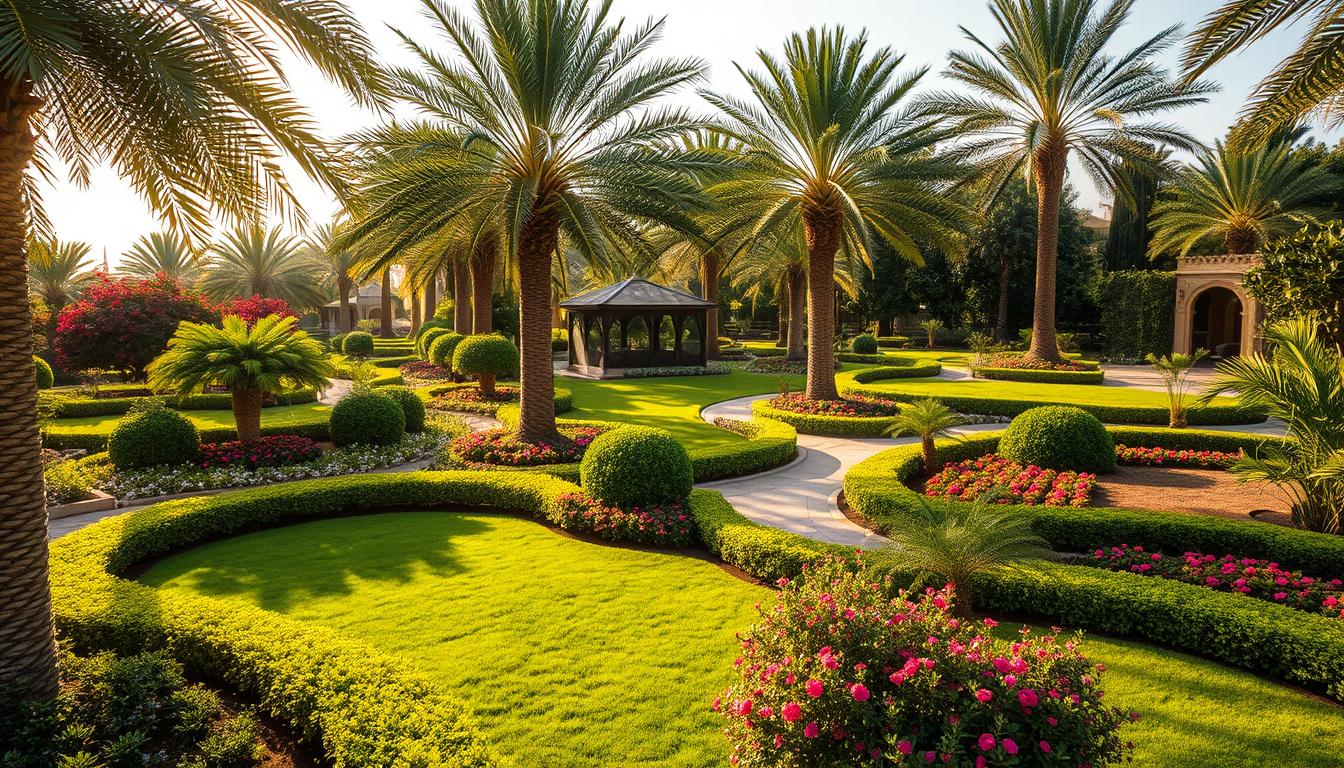 Lush, verdant garden landscape showcasing the landscaping services of &quot;بستان جدة&quot; in Jeddah. Sweeping vistas of meticulously manicured flower beds, neatly trimmed bushes, and winding pathways shaded by mature palm trees. Vibrant colors and textures create a serene, inviting ambiance. Sunlight filters through the foliage, casting warm, golden hues across the scene. Architectural elements like fountains or gazebos accentuate the elegant, refined design. An oasis of tranquility that embodies the company's commitment to crafting beautiful, functional outdoor spaces.