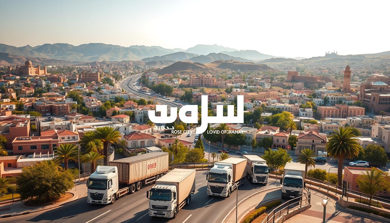 A bustling cityscape of Taif, the &quot;Rose City&quot; of Saudi Arabia, with the logo of &quot;شركة ألترا&quot; prominently displayed. In the foreground, a fleet of well-equipped trucks and skilled movers efficiently transporting furniture and household items through the winding streets. The middle ground showcases the diverse neighborhoods and vibrant architecture, capturing the essence of the city's comprehensive coverage of all districts. The background is filled with lush, verdant landscapes and the iconic Shubra Palace, reflecting the city's natural beauty and historical significance. The scene is illuminated by warm, golden sunlight, conveying a sense of professionalism, reliability, and the company's dedication to providing seamless moving services across Taif.