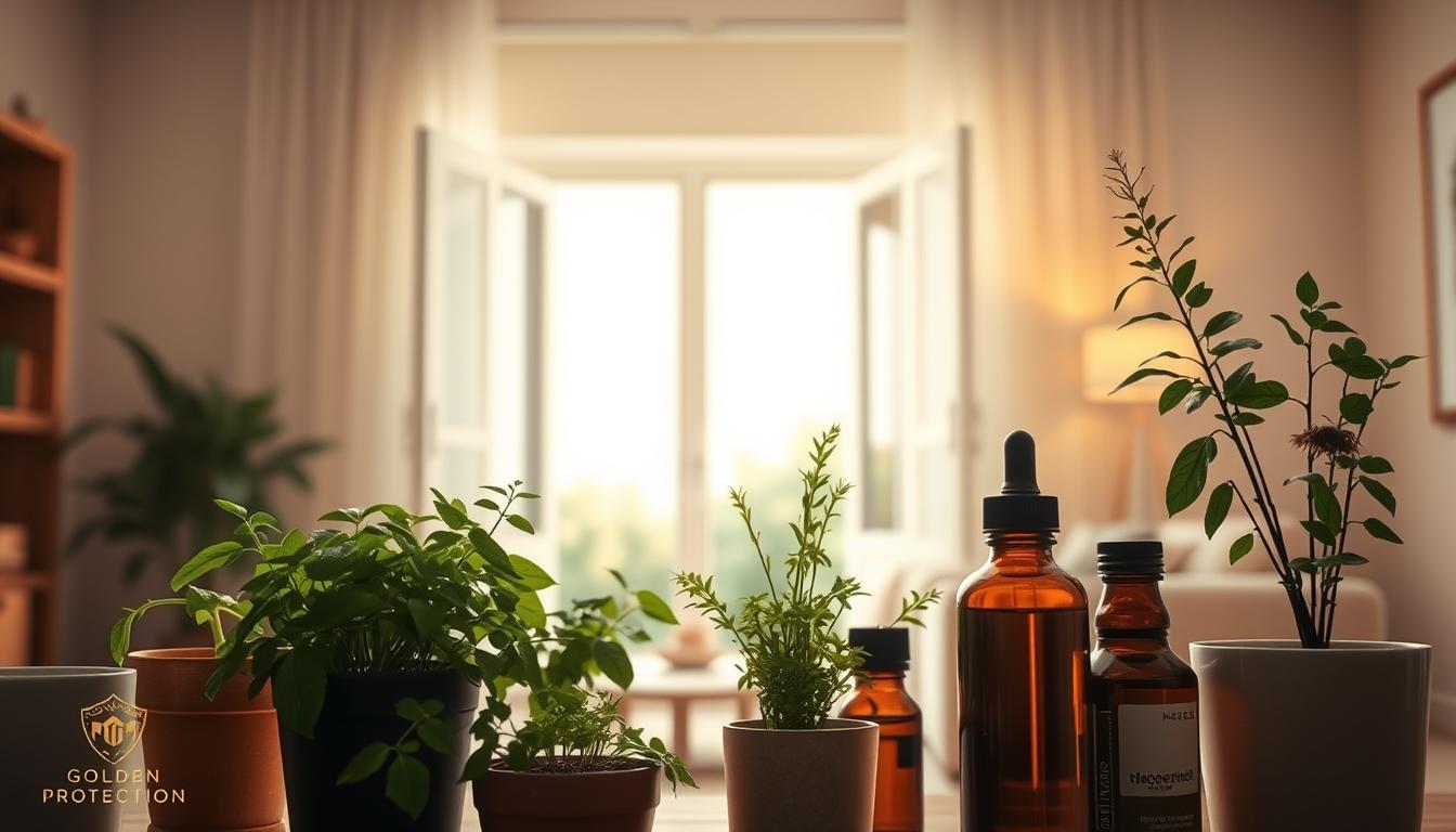 A serene indoor scene showcasing natural pest prevention methods. The foreground features potted plants, herbs, and essential oils, representing natural insect deterrents. The middle ground depicts an open window with a light breeze flowing in, symbolizing a fresh, eco-friendly approach. The background depicts a calming, minimalist living space, with warm, indirect lighting and neutral tones, conveying a sense of comfort and well-being. The overall mood is one of tranquility and a harmonious coexistence between nature and the home, reflecting the &quot;Golden Protection&quot; company's approach to sustainable pest control in Riyadh.
