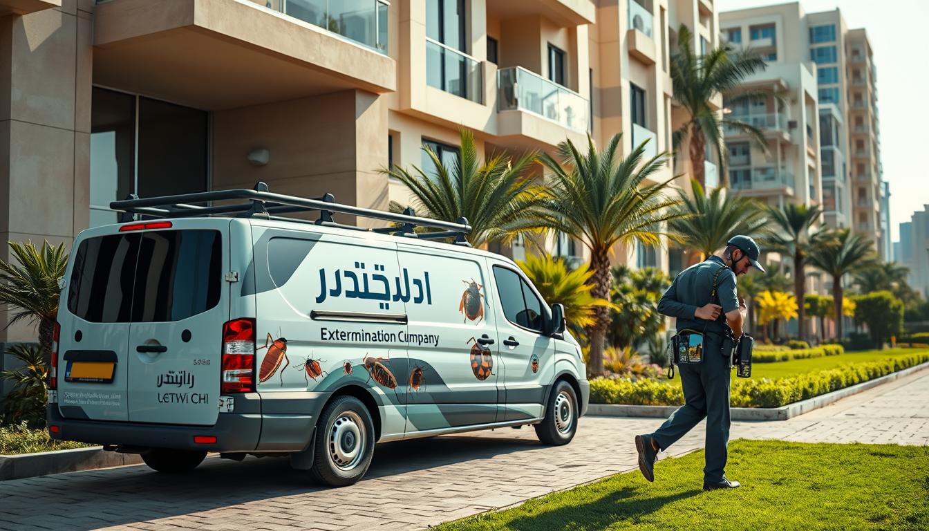 A modern, high-tech extermination service van parked in front of a well-maintained residential building in Jeddah. The vehicle's branding prominently displays &quot;شركة الإبادة&quot; (Extermination Company) alongside images of cockroaches and bed bugs. In the foreground, a uniformed technician carrying professional-grade equipment is preparing to enter the building, conveying a sense of efficiency and expertise. The middle ground features a well-kept garden with lush greenery, while the background showcases the vibrant cityscape of Jeddah, highlighting the comprehensive nature of the pest control services offered. The overall scene radiates a combination of professionalism, reliability, and environmental awareness, reflecting the comprehensive guarantees of the cockroach and bed bug extermination service.