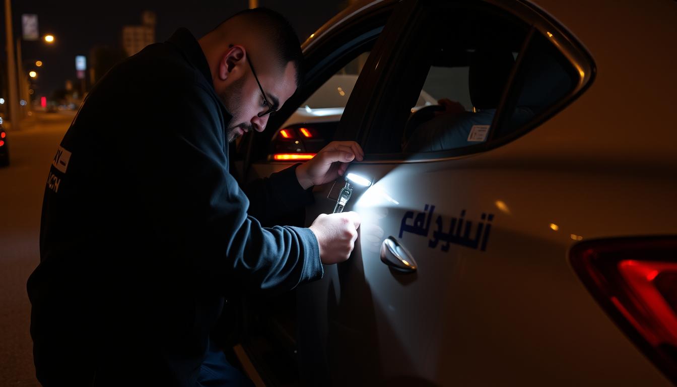 A professional auto locksmith in Kuwait is expertly using specialized tools to open a locked car door, with the &amp;quot;اوبن كار&amp;quot; brand logo prominently displayed on the vehicle. The scene is set in a dimly lit urban environment, with the locksmith's work illuminated by the car's interior lighting and a portable work light. The atmosphere conveys a sense of urgency and the locksmith's expertise, as they efficiently and discreetly resolve the customer's need for 24/7 car unlocking services.