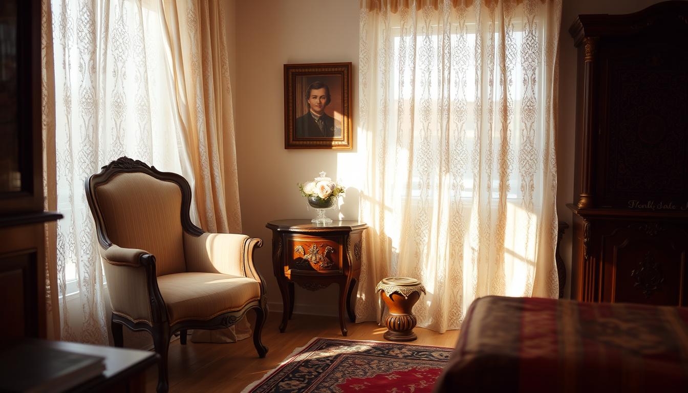 A warm, cozy interior showcasing the charm of secondhand furniture from &quot;شركة كنوز المنزل&quot; in Riyadh. A vintage armchair, an ornate side table, and a well-worn Persian rug create a inviting atmosphere. Soft, diffused lighting filters through lace curtains, casting a gentle glow on the meticulously restored pieces. The scene evokes a sense of character and history, highlighting the value and uniqueness of pre-loved furnishings in the heart of Riyadh.