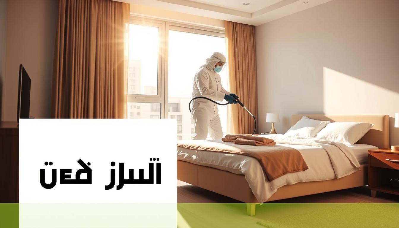 A modern apartment in Jeddah, Saudi Arabia, well-lit by warm sunlight streaming through large windows. In the foreground, the &quot;شركة الإبادة&quot; logo stands prominently, signifying their expertise in safe and effective bed bug extermination. The middle ground features a professional exterminator in protective gear, using specialized equipment to eliminate the pests. In the background, a serene bedroom scene with a neatly made bed, clean linens, and a sense of cleanliness and comfort restored. The overall atmosphere conveys a feeling of efficiency, reliability, and a pest-free, healthy living environment.