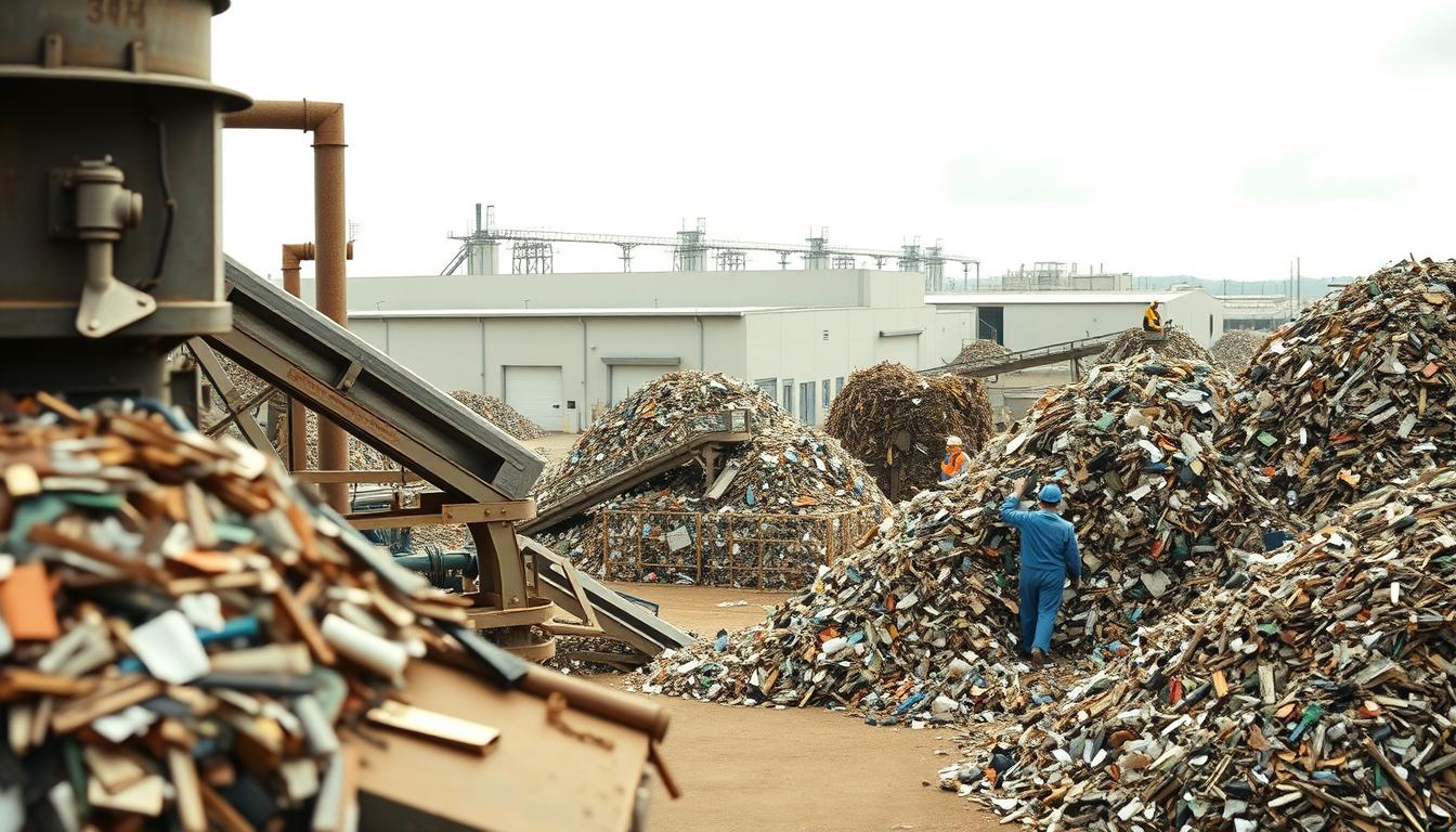 Detailed image of an industrial recycling plant, processing and sorting scrap metal. In the foreground, a large metal shredder crushes and compacts discarded materials. Conveyor belts transport the crushed scrap to sorting stations where workers in protective gear meticulously segregate the different metal types. Towering piles of sorted scrap, including steel, aluminum, and copper, are stacked in the middle ground. In the background, modern warehouse buildings and storage silos of &quot;شركة الرياض للسكراب&quot; stand under a bright, overcast sky, symbolizing the scale and efficiency of the recycling operation. Warm, earthy tones predominate, capturing the industrial nature of the scene.
