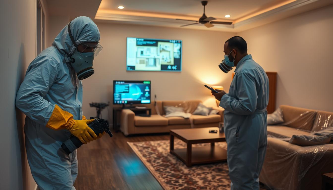 A detailed interior scene of a pest control operation by &quot;شركة الإبادة&quot; in Jeddah. The foreground shows a technician wearing a hazmat suit and respirator, carefully applying insecticide spray to baseboards and crevices. In the middle ground, another technician checks a digital monitor displaying room layout and insect detection data. The background depicts the room's furnishings - couches, tables, and shelves - all meticulously covered in protective plastic sheeting. Soft, indirect lighting casts an authoritative yet cautious mood, emphasizing the importance of safety protocols during a professional pest elimination process.