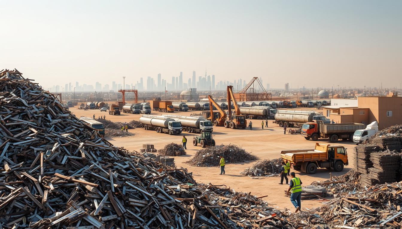 A bustling industrial yard in the heart of Al-Mu'aizilah, Riyadh, showcasing the comprehensive services of Riyadh Scrap Company. In the foreground, a towering pile of scrap metal glimmers under the warm desert sun, while workers in high-visibility vests expertly sort and load the materials. In the middle ground, a fleet of heavy-duty trucks and forklifts maneuver around the yard, transporting the scrap to various processing stations. The background is framed by the distinctive skyline of Al-Mu'aizilah, with its mix of modern and traditional architecture. An atmosphere of productivity and efficiency pervades the scene, highlighting the company's commitment to providing reliable scrap management solutions to the local community.