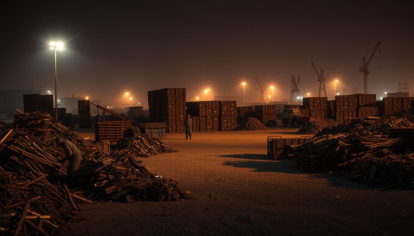 A dimly lit junkyard in the heart of Riyadh's Al-Khobar district, where the &quot;Riyadh Scrap Company&quot; buys and sells a diverse array of scrap metal. In the foreground, workers meticulously sort through piles of iron, steel, and aluminum, each piece reflecting the warm glow of floodlights overhead. In the middle ground, towering stacks of compressed cubes await transport, casting long shadows across the gravel-strewn ground. The background is hazy with the mist of a hot, arid day, the distant silhouettes of cranes and warehouses hinting at the bustling industrial landscape. The scene conveys the hard work and attention to detail required in the scrap metal trade, with a sense of order and purpose amidst the chaos of the junkyard.