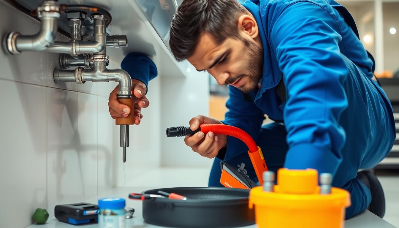 A professional plumber in Kuwait, dressed in a blue uniform, expertly inspecting a sink and pipes with various tools. The foreground showcases the plumber's skilled hands and the intricate plumbing system. The middle ground features a well-equipped workspace with a toolbox, spare parts, and a focus on attention to detail. The background conveys a modern, clean, and well-lit commercial or residential setting, emphasizing the importance of a reliable &quot;فني صحي أكوا&quot; for prompt and efficient plumbing services in Kuwait.