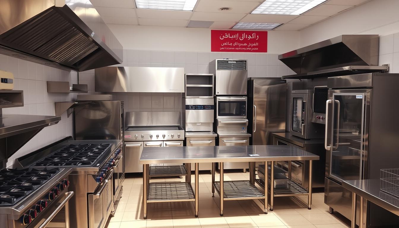 A modern commercial kitchen filled with a variety of pre-owned kitchen equipment and appliances, including stainless steel ovens, gas burners, refrigerators, and prep tables. The equipment is arranged in a visually appealing layout, showcasing the diverse selection available at &quot;كنز المطاعم&quot;, the premier destination for used restaurant supplies in Riyadh. The lighting is bright and natural, casting warm tones on the well-maintained surfaces. The scene conveys a sense of professionalism and value, highlighting the high-quality, cost-effective options for equipping a thriving restaurant business.