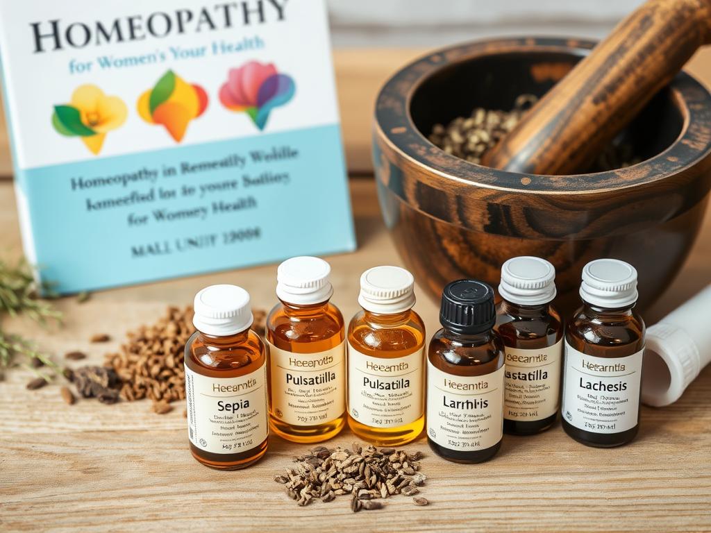 Homeopathic remedies specifically for female problems displayed in a professional setting
