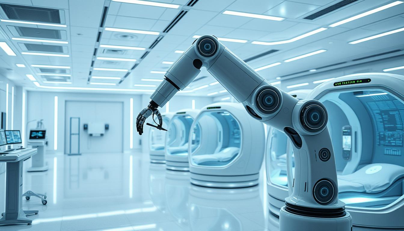 A clinical, futuristic scene of advanced healthcare robotics in a sterile, high-tech environment. In the foreground, a sleek, articulated robotic arm precisely manipulates medical instruments, its movements guided by a sophisticated control system. In the middle ground, a series of cylindrical pods house autonomous patient monitoring and treatment bots, their smooth surfaces glowing with activity. The background features a sprawling, minimalist laboratory filled with diagnostic equipment, holographic displays, and an abundance of cool, indirect lighting that creates a sense of calm efficiency. The overall atmosphere is one of cutting-edge medical technology seamlessly integrated to enhance patient care and outcomes.