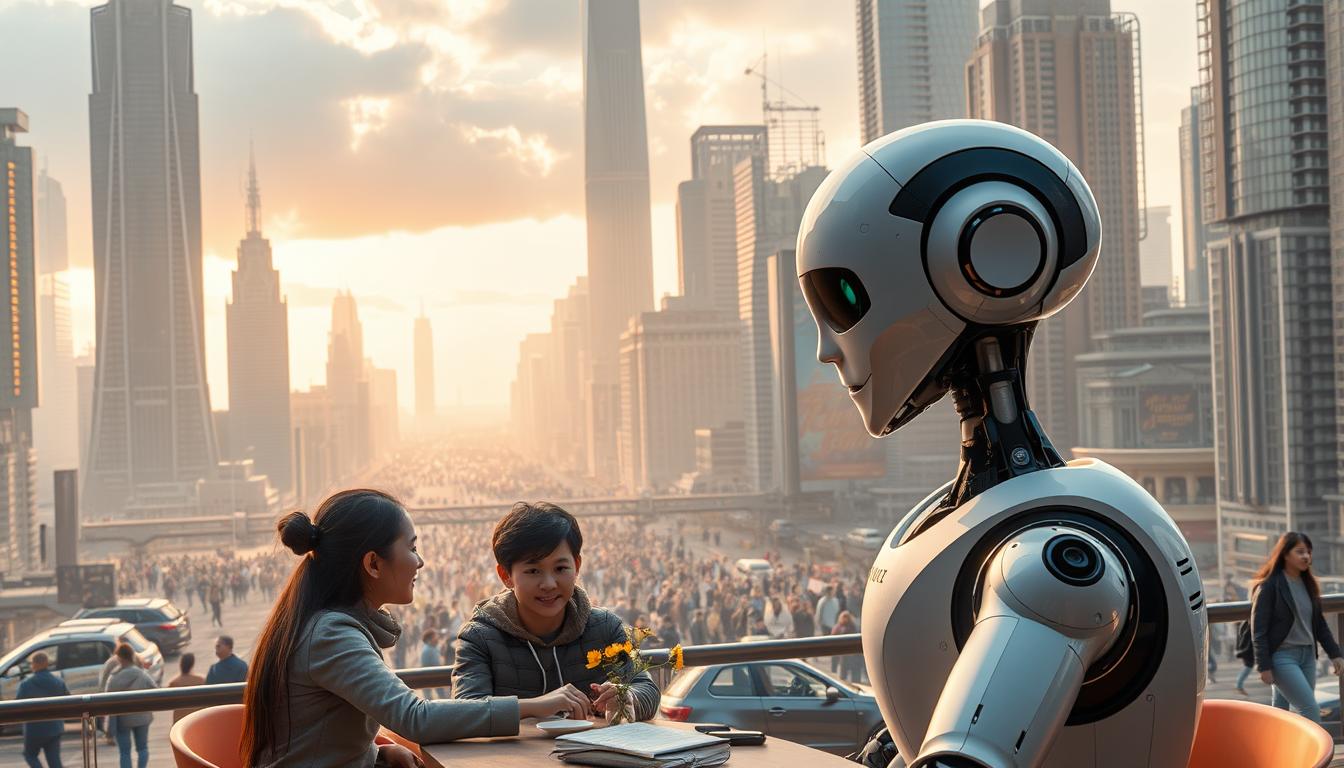 A vast cityscape with towering skyscrapers and automated transport systems. In the foreground, a family gathers around a table, interacting with a sleek, humanoid robot assistant. The robot's expressive face and fluid movements suggest a seamless integration into daily life. In the middle ground, a bustling crowd navigates through the urban landscape, some using robotic exoskeletons or guided by autonomous vehicles. The background is bathed in a warm, golden light, hinting at the technological advancements that have transformed this futuristic metropolis. The scene conveys a sense of both progress and societal adaptation to the accelerating adoption of robotics.