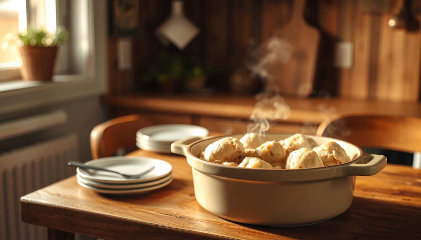 Serving Chicken and Dumplings in Le Creuset