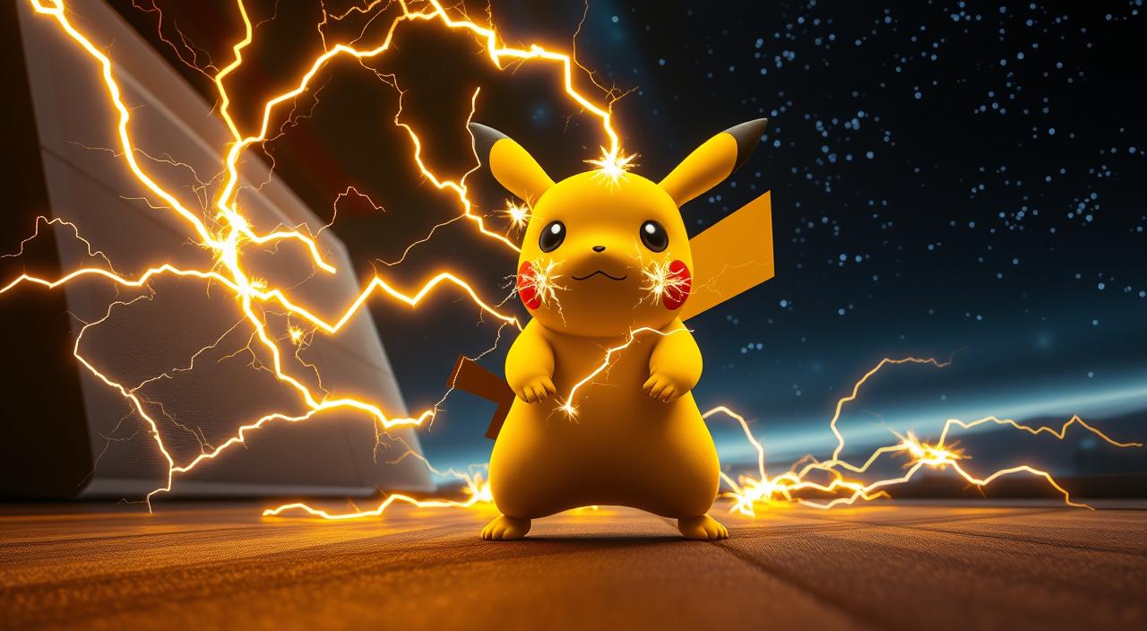 A vibrant and interactive Pika! Charging show, showcasing the electric mouse Pokémon's captivating energy discharge. In the foreground, Pikachu stands dynamically, its cheeks sparking with electricity. Surrounding it, intricate tendrils of lightning dance and crackle, illuminating the scene with a warm, golden glow. The middle ground features a sleek, modern backdrop, with subtle geometric patterns and a sense of technological sophistication. In the background, a vast, starry sky creates a sense of depth and wonder, evoking a futuristic, almost sci-fi atmosphere. The lighting is dramatic, with strategic highlights and shadows accentuating Pikachu's form and the energy discharge. The camera angle is slightly low, giving the viewer a sense of immersion and empowerment, as if they are witnessing the Pika! Charging show from a privileged perspective.
