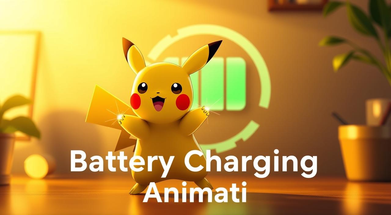 A vibrant and playful animation of a Pikachu character with a glowing red cheeks and sparks emanating from its body, set against a stylized background of a charging battery icon. The Pikachu is rendered in a dynamic, expressive pose, capturing the excitement and anticipation of the battery charging process. The scene is bathed in warm, golden lighting, creating a cozy and inviting atmosphere. The overall design is clean, modern, and tailored to convey the essence of the "Battery Charging Animation" application in a visually engaging and charming manner.