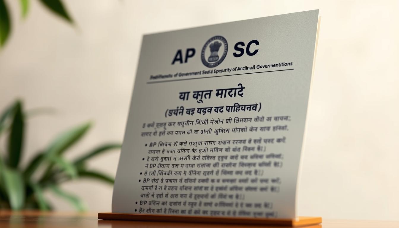 A highly detailed, hyper-realistic digital illustration of the "AP DSC नियम और दिशानिर्देश" document, positioned prominently in the foreground against a softly blurred background. The document should be rendered with meticulous attention to texture, lighting, and depth, capturing the official government seal, headers, and carefully typeset content in Devanagari script. The overall mood should convey a sense of authority, clarity, and professionalism, befitting the importance of the subject matter. The composition should be balanced and visually pleasing, with the document occupying a central role and commanding the viewer's attention.