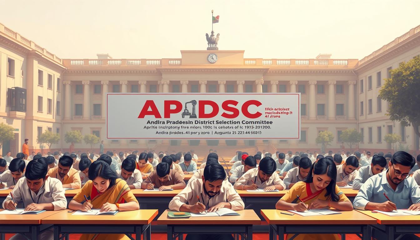A highly detailed illustration showcasing the "AP DSC चयन प्रक्रिया" or the Andhra Pradesh District Selection Committee teacher recruitment selection process. In the foreground, a group of prospective teachers sitting at desks, carefully filling out application forms and exam papers, under the watchful gaze of invigilators. The middle ground features a large banner displaying the AP DSC logo and key details of the selection process. In the background, a grand government building or administrative office, conveying a sense of authority and structure. The scene is bathed in warm, natural lighting, with a slightly hazy, bureaucratic atmosphere, reflecting the gravity and formality of the occasion. The overall composition aims to capture the essence of the AP DSC selection procedure - a meticulous, high-stakes process that determines the future of aspiring teachers in the state.