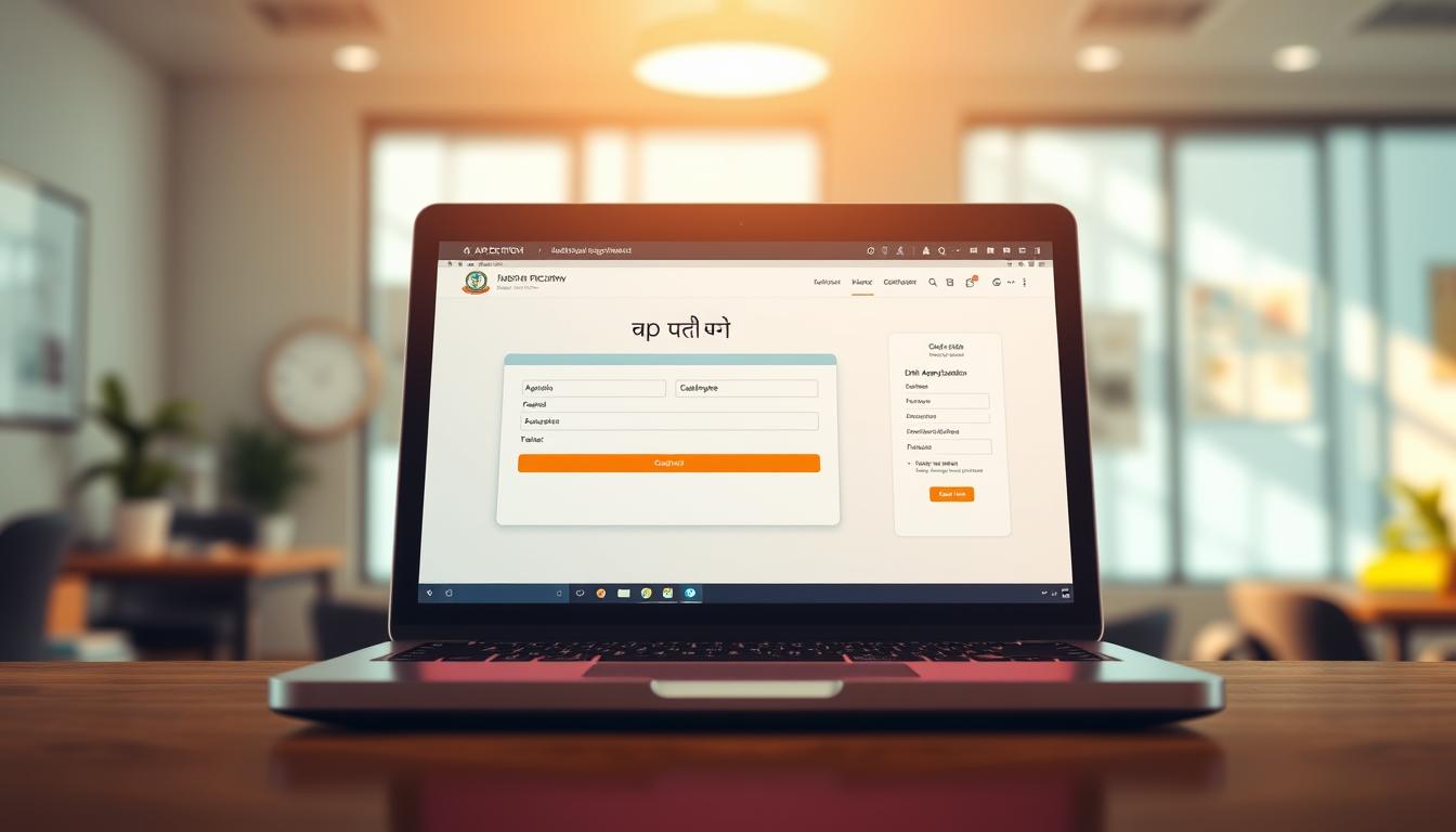 A detailed, realistic illustration of the "ऑनलाइन आवेदन प्रक्रिया" for AP DSC teacher recruitment, showcasing a laptop screen displaying the online application process with clean, uncluttered UI design. The scene is bathed in warm, natural lighting, with a subtle depth of field effect to draw the viewer's attention to the central screen. The background features a blurred, out-of-focus office setting, conveying a professional, administrative atmosphere. The overall mood is one of efficiency, clarity, and ease of use, reflecting the streamlined nature of the online application process.