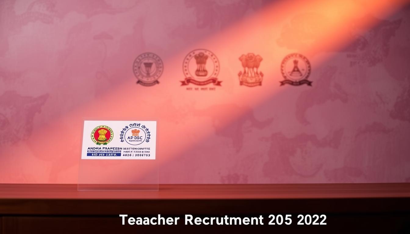 A detailed notification announcement for the Andhra Pradesh District Selection Committee (AP DSC) Teacher Recruitment 2025, set against a vibrant, textured backdrop. The foreground features a sleek, modern design with a prominent logo and key details like the recruitment year, job title, and application process. The middle ground showcases government seals and emblems, conveying the official nature of the notification. The background is a soft, muted gradient, creating a sense of professionalism and authority. Warm, directional lighting illuminates the composition, adding depth and dimension. The overall mood is one of authoritative, government-issued communication, designed to capture the attention of prospective teaching candidates.