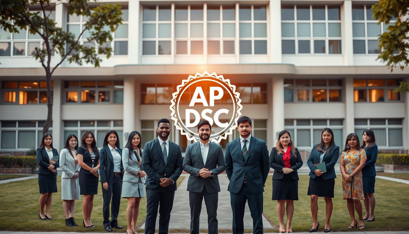 A school assistant recruitment advertisement set against the backdrop of a modern educational institution. In the foreground, a group of diverse individuals in formal attire stand proudly, representing the prospective candidates. The middle ground showcases the iconic AP DSC emblem, prominently displayed and illuminated by warm, natural lighting. In the background, a clean, minimalist school facade with large windows and a well-manicured lawn creates a sense of professionalism and organization. The overall atmosphere conveys a sense of opportunity, camaraderie, and the importance of the school support staff's role in the education system.
