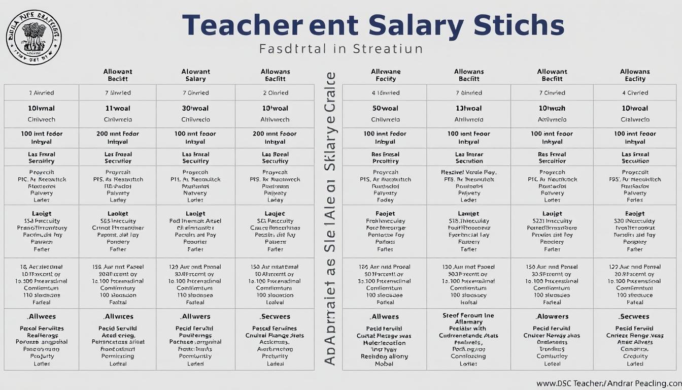 A detailed and visually striking illustration of the "AP DSC Teacher Salary Structure", showcasing a comprehensive breakdown of the various pay scales, allowances, and benefits associated with the teaching roles in Andhra Pradesh. The image should convey a sense of professionalism and clarity, with a clean, organized layout that highlights the key components of the salary structure. Utilize a neutral color palette, with a mix of infographic-style elements and realistic visual cues to create a well-balanced and informative representation of this important aspect of the AP DSC teacher recruitment process.
