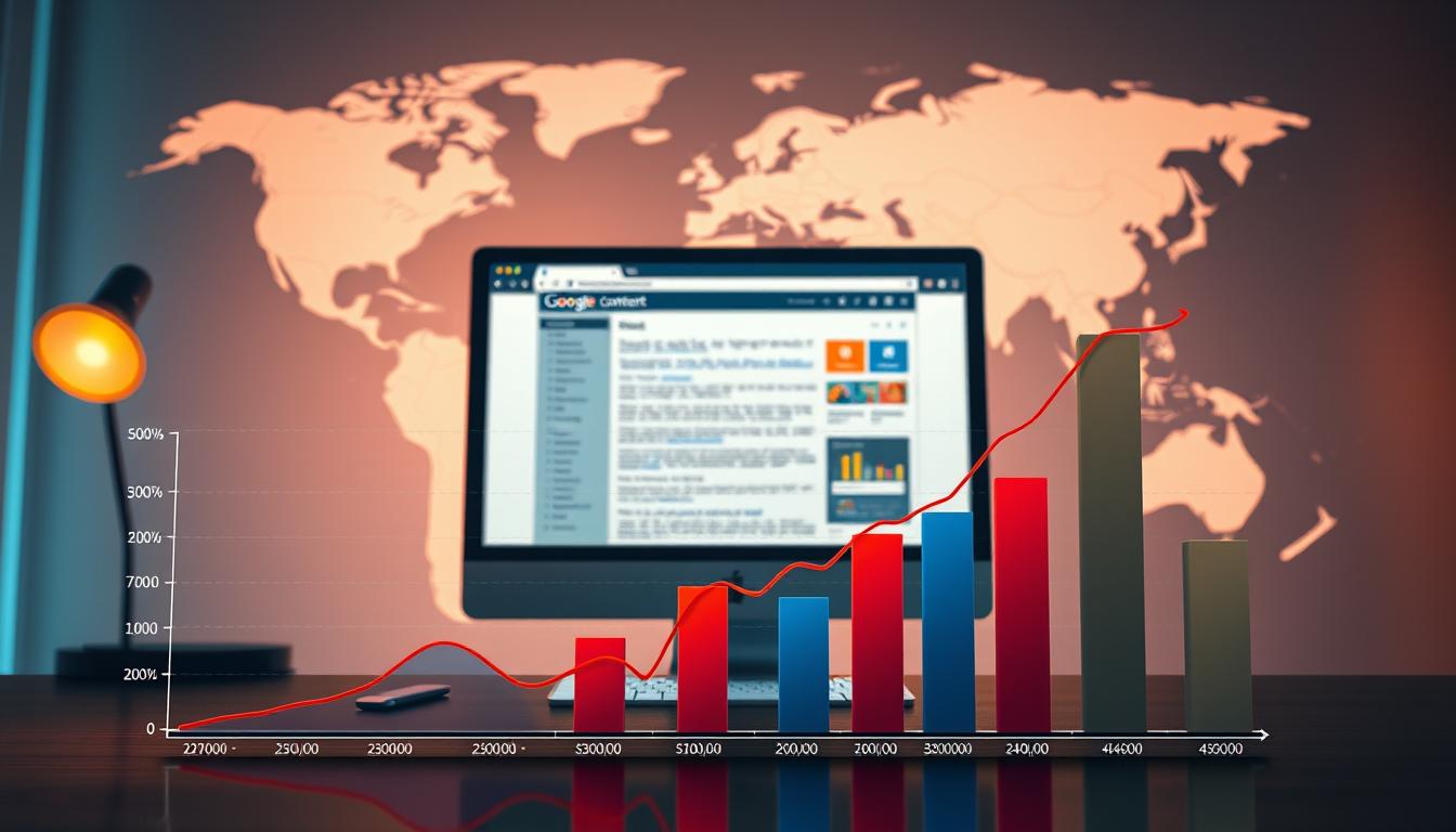 A striking and informative visual representation of "content-related SEO". In the foreground, a bold and dynamic graph chart visualizing key content metrics like keyword density, readability, and engagement. The middle ground features a desktop computer with an open web browser, showcasing a meticulously optimized page layout and content structure. In the background, a stylized world map highlights the global reach and importance of content-driven SEO. The scene is bathed in a warm, inviting lighting, conveying the value and effectiveness of well-crafted, SEO-focused content. The overall mood is one of professionalism, expertise, and the power of content to drive online visibility and success.