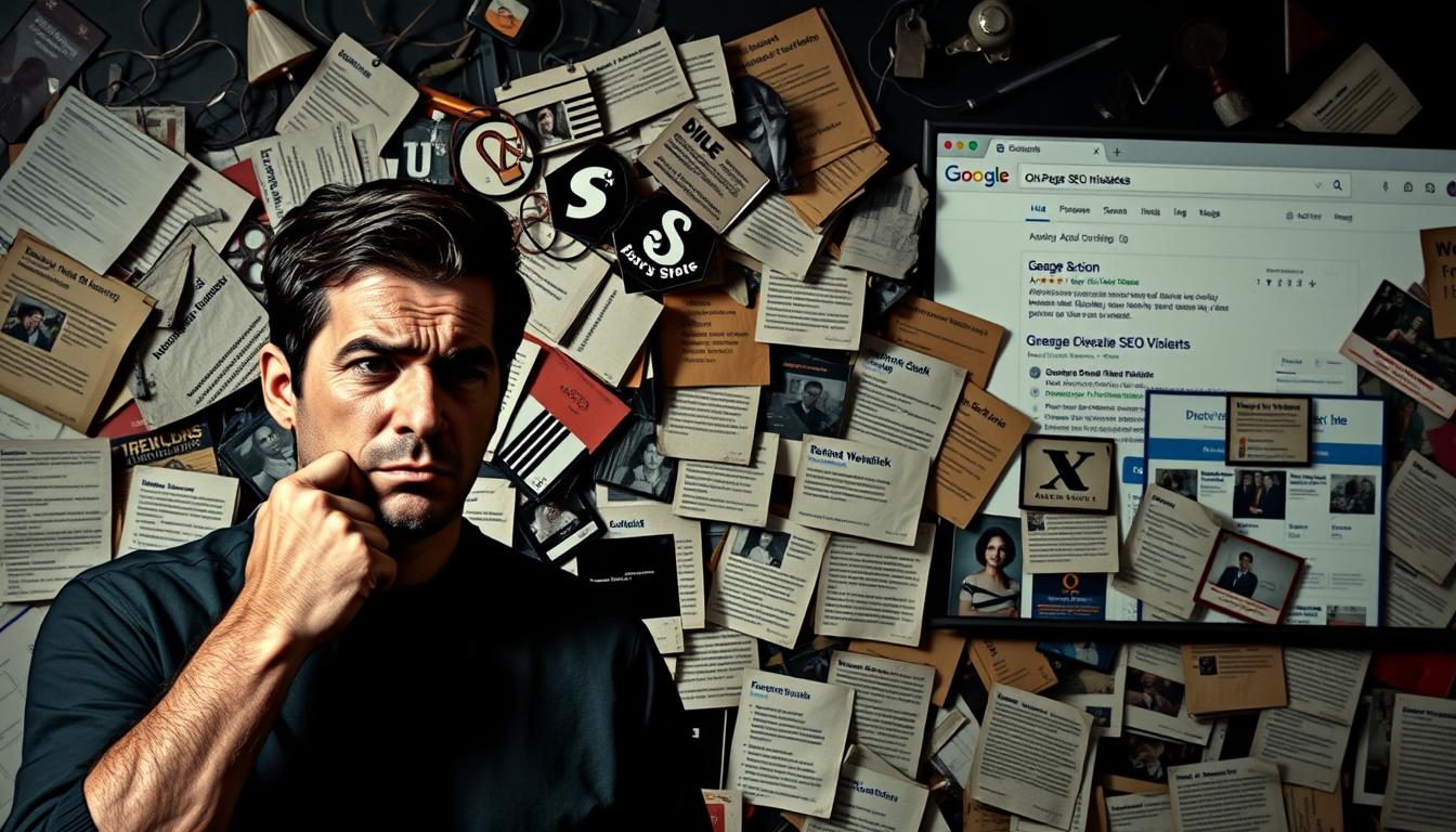 A cluttered web page with a tangled mess of competing elements, poorly organized content, and intrusive pop-ups. In the foreground, a frustrated user navigating the chaotic layout, their expression conveying the exasperation of dealing with on-page SEO mistakes. The middle ground features a jumble of misaligned text, haphazard images, and sloppy formatting, highlighting the disjointed user experience. In the background, a web browser window with a search engine results page, indicating the potential loss of visibility and rankings due to these critical on-page oversights. The overall scene is bathed in a dim, subdued lighting, casting an ominous tone and emphasizing the need to avoid these pitfalls at all costs.
