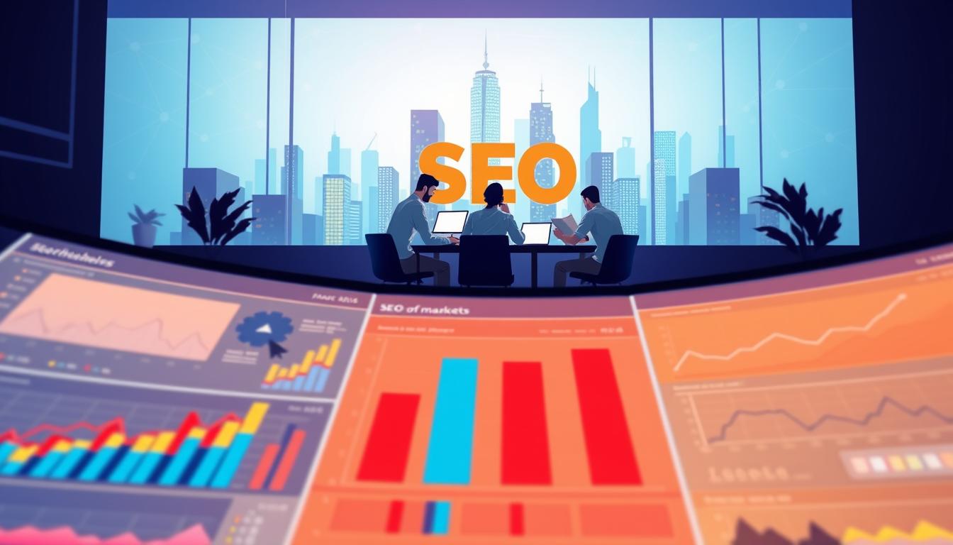 A detailed, dynamic illustration of an SEO strategy, captured with a wide-angle lens in a modern, minimalist style. In the foreground, a sleek, colorful dashboard displays various SEO metrics and analytics, illuminated by soft, diffused lighting. In the middle ground, a team of digital marketers collaborates around a table, brainstorming ideas and strategies. The background features a stylized, geometric cityscape, symbolizing the interconnected, multifaceted nature of search engine optimization. The overall mood is one of purpose, innovation, and data-driven decision-making, reflecting the nuanced, ever-evolving world of SEO.