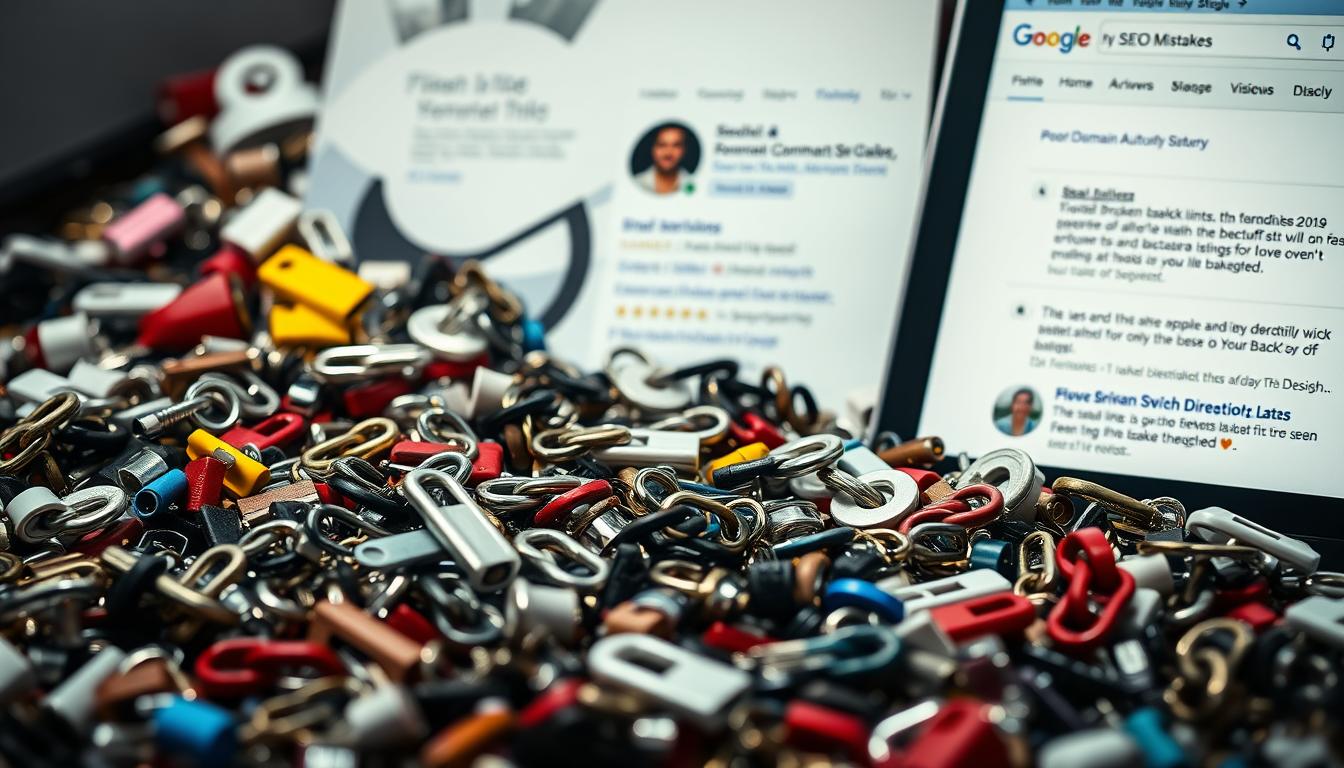 Detailed close-up view of common off-page SEO mistakes, captured with a high-resolution DSLR camera under natural lighting. In the foreground, a jumble of broken backlinks, spam comments, and low-quality directory listings litter a cluttered webpage. In the middle ground, a social media profile with outdated information and irrelevant content stands out. In the background, a search engine results page shows poor domain authority and negative reviews, hindering online visibility. The overall mood is one of confusion and missed opportunities, conveying the importance of a well-executed off-page SEO strategy.