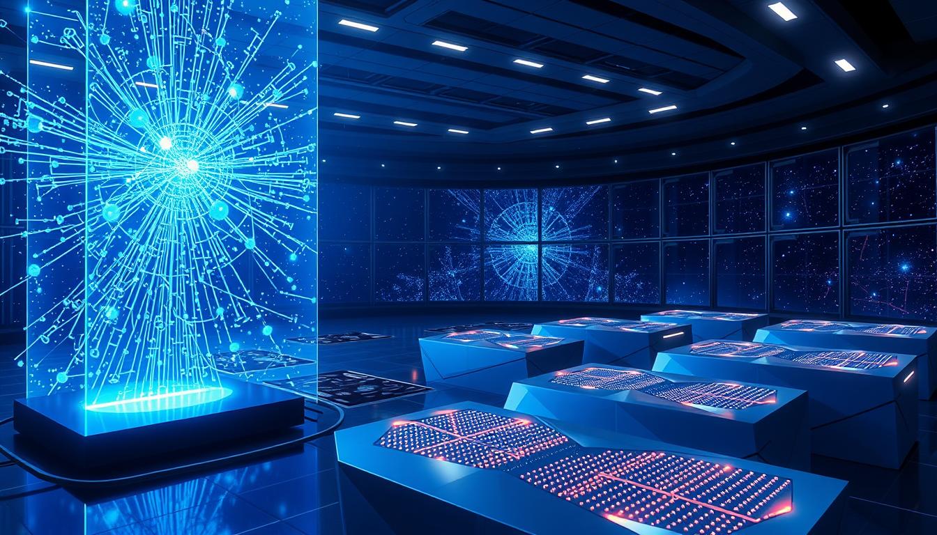 A vast, futuristic landscape of quantum computing. In the foreground, a towering holographic display projects intricate quantum circuits, particles colliding and entangling. The middle ground features gleaming, angular quantum computers, their surfaces pulsing with complex algorithms. In the background, a panoramic view of a sleek, high-tech facility, its windows revealing a starry, cosmic backdrop - a subtle nod to the universe-scale implications of this revolutionary technology. Bathed in a cool, blue-tinged light, the scene evokes a sense of cutting-edge scientific discovery, the promise of a quantum-powered future.