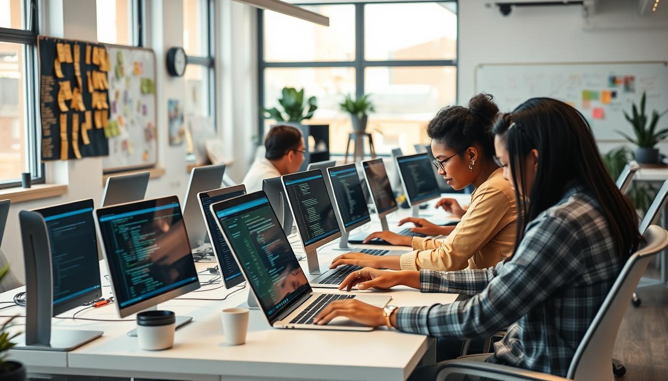 A vibrant collaborative coding workspace, with programmers of diverse backgrounds working together at sleek, minimalist desks. The foreground features a team of 3-4 developers intently focused on their laptop screens, gesturing and discussing code. The middle ground showcases various productivity tools, whiteboards, and sticky notes covering the walls, hinting at the creative problem-solving unfolding. In the background, large windows flood the space with warm, natural lighting, creating an atmosphere of productivity and camaraderie. The scene conveys a sense of diligence, teamwork, and the joy of solving challenges through the art of programming.