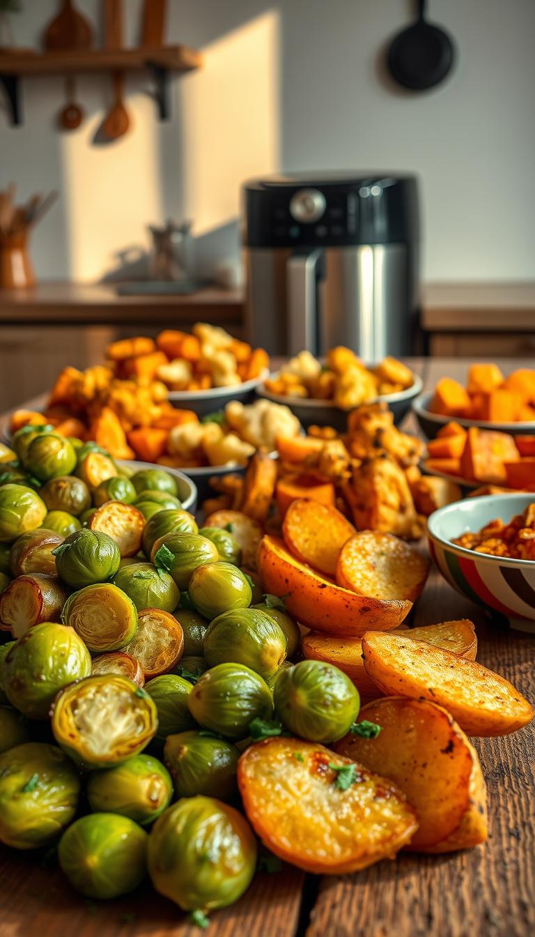 A delightful assortment of vegan air fryer side dishes arranged on a rustic wooden table, bathed in warm, natural lighting. In the foreground, crispy roasted Brussels sprouts and golden-brown air-fried potato wedges with a sprinkling of fresh herbs. In the middle ground, a colorful medley of air-fried cauliflower florets and tender, caramelized sweet potato cubes. The background features a minimalist kitchen setting, with a sleek, stainless steel air fryer and a few simple kitchen utensils. The scene exudes an atmosphere of wholesome, plant-based indulgence and culinary experimentation.