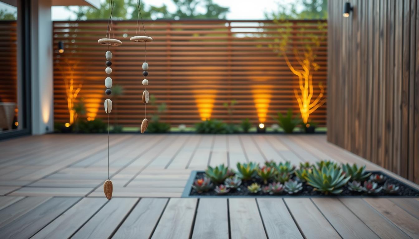moderne terrassen gestaltung mit natürlichen Windspielen