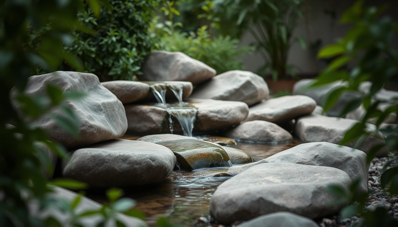 Minimalistische Hausterrasse mit fließendem Wasser und Naturstein