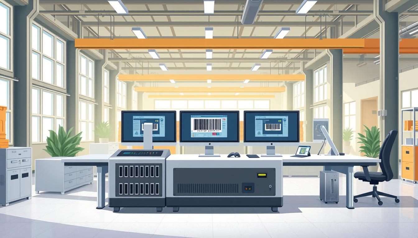 A modern, industrial-style office setting with a large, centralized workstation showcasing a bulk barcode generator. The foreground depicts the generator itself, a sleek and intuitive device with an array of input slots and scanners. The middle ground features a clean, minimalist desk setup with multiple computer screens displaying barcode generation software. The background reveals a well-lit, open-concept workspace with floor-to-ceiling windows, allowing natural light to flood the scene. The overall atmosphere conveys efficiency, productivity, and a sense of seamless, enterprise-level barcode management capabilities.