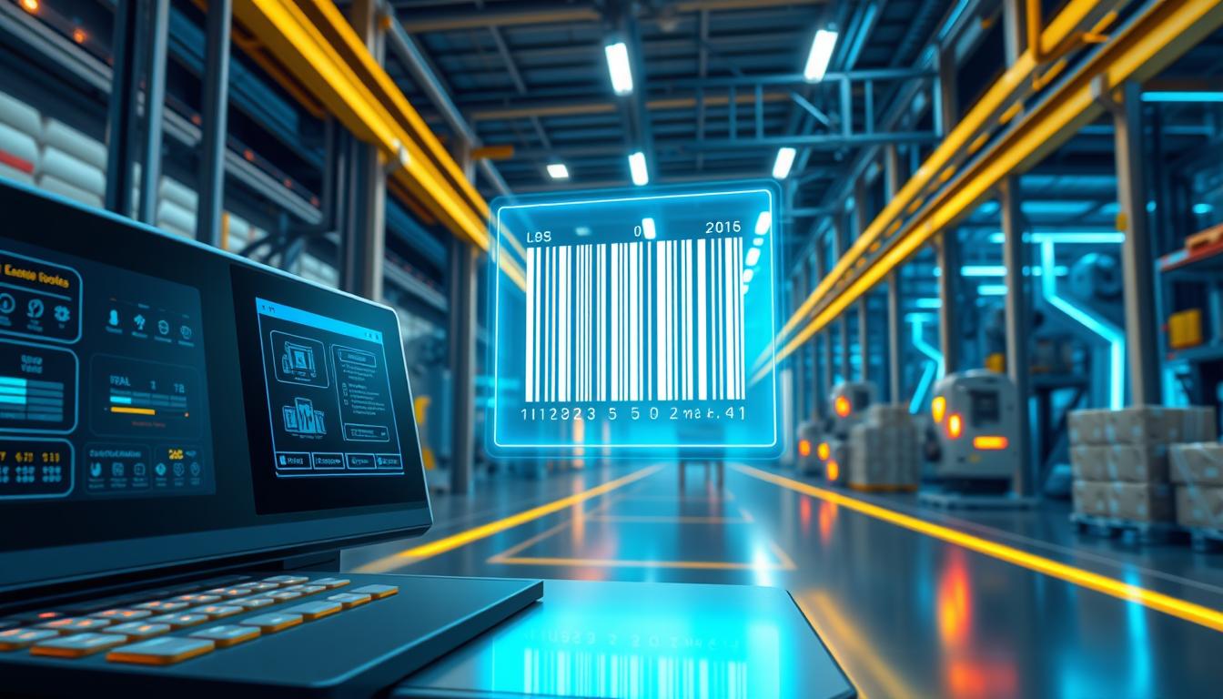A high-tech barcode generator for logistics operations, featuring a sleek, minimalist interface. In the foreground, a digital control panel with various barcode encoding options. In the middle ground, a 3D holographic barcode displays dynamically, showcasing its versatility. The background depicts a futuristic warehouse setting, with automated robotic systems and glowing neon accents. Precise, directional lighting illuminates the scene, creating depth and highlighting the advanced technology. The atmosphere is one of efficiency, innovation, and streamlined logistics processes. The prompt aims to capture the power and sophistication of a state-of-the-art barcode generator tailored for the logistics industry.