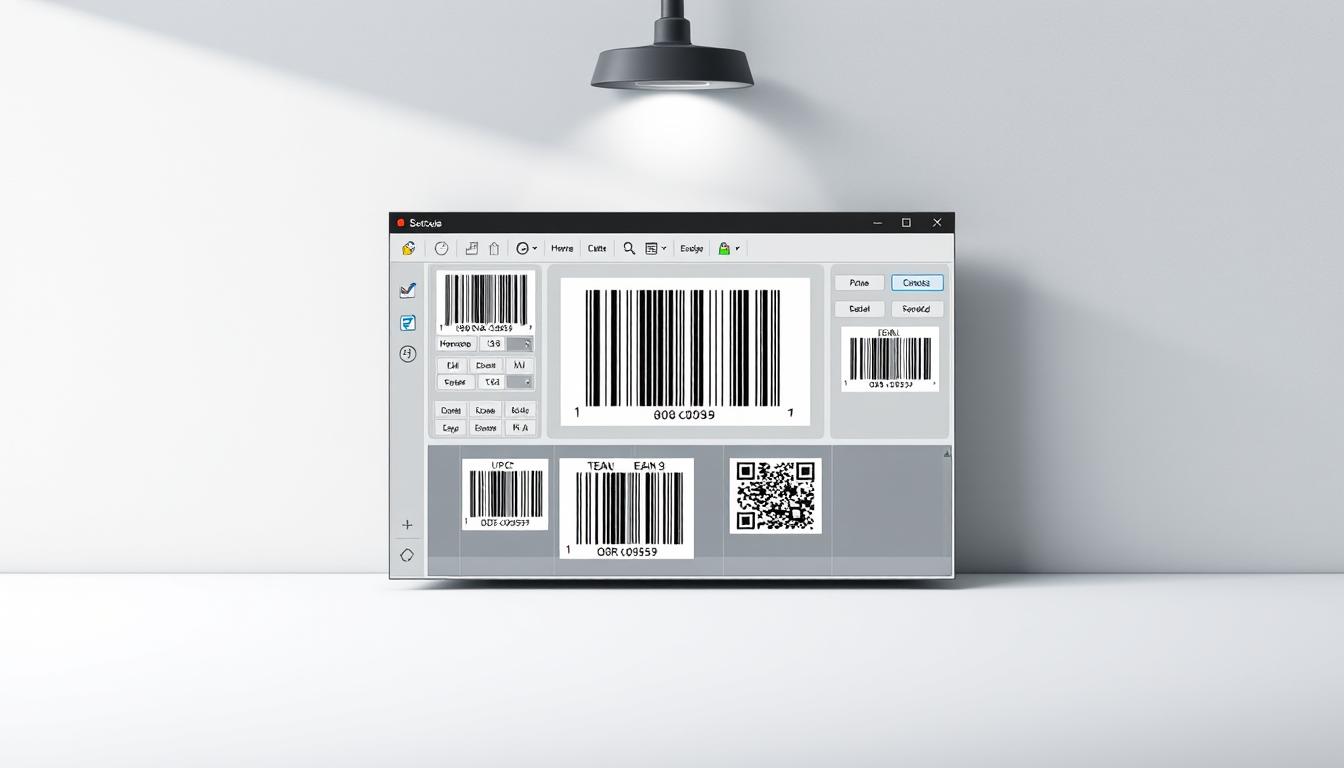 A sleek barcode generator software interface, showcasing a variety of barcode types against a clean, minimalist backdrop. The foreground features a central barcode preview pane, surrounded by intuitive controls and settings panels for customizing barcode size, orientation, and encoding. The middle ground includes a selection of common barcode symbologies, such as UPC, EAN, Code 39, and QR codes, presented in a neatly organized grid. The background is a subtly textured, neutral grey surface, creating a professional, technology-focused atmosphere. Crisp lighting from an overhead source casts gentle shadows, highlighting the software's precision and functionality. The overall composition conveys a sense of utility, efficiency, and ease of use for the barcode generation task at hand.