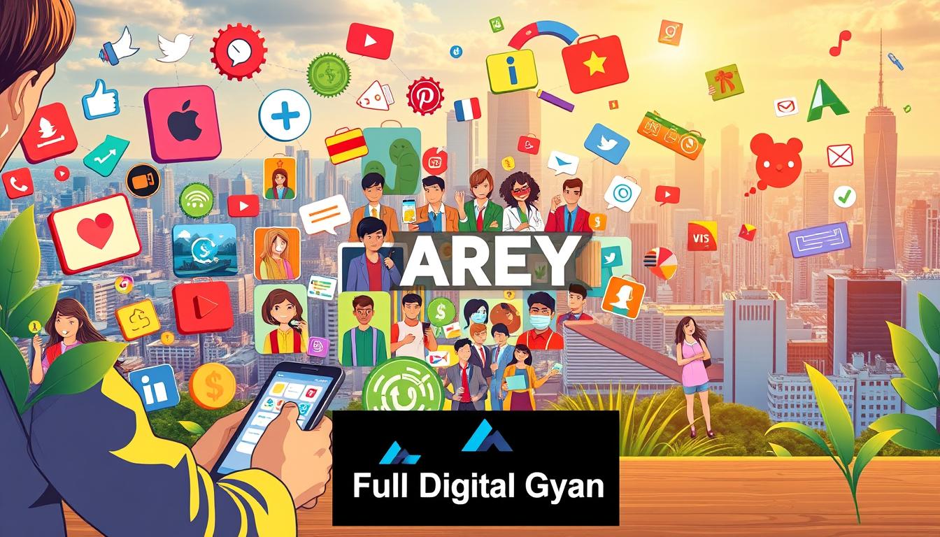 A vibrant, colorful illustration of various ways to earn money through social media. In the foreground, a person using a laptop and smartphone, surrounded by icons representing different social media platforms and online earning methods like affiliate marketing, influencer partnerships, and e-commerce. In the middle ground, a collage of successful social media entrepreneurs, content creators, and online businesses. In the background, a cityscape with skyscrapers, conveying the scale and potential of the digital economy. Lit by warm, natural lighting, with a sense of dynamism and opportunity. Branding for "Full Digital Gyan" prominently displayed.