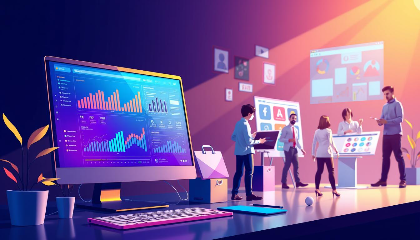 A visually striking digital marketing illustration featuring a variety of essential skills and tools. Prominently displayed in the foreground, a vibrant digital dashboard showcases metrics, analytics, and marketing automation workflows. In the middle ground, creative designers collaborate on a sleek website layout, while in the background, a team strategizes social media campaigns and targeted advertising. The scene is illuminated by soft, directional lighting, casting dynamic shadows and highlighting the technological elements. The overall atmosphere conveys the dynamic, collaborative, and data-driven nature of modern digital marketing.