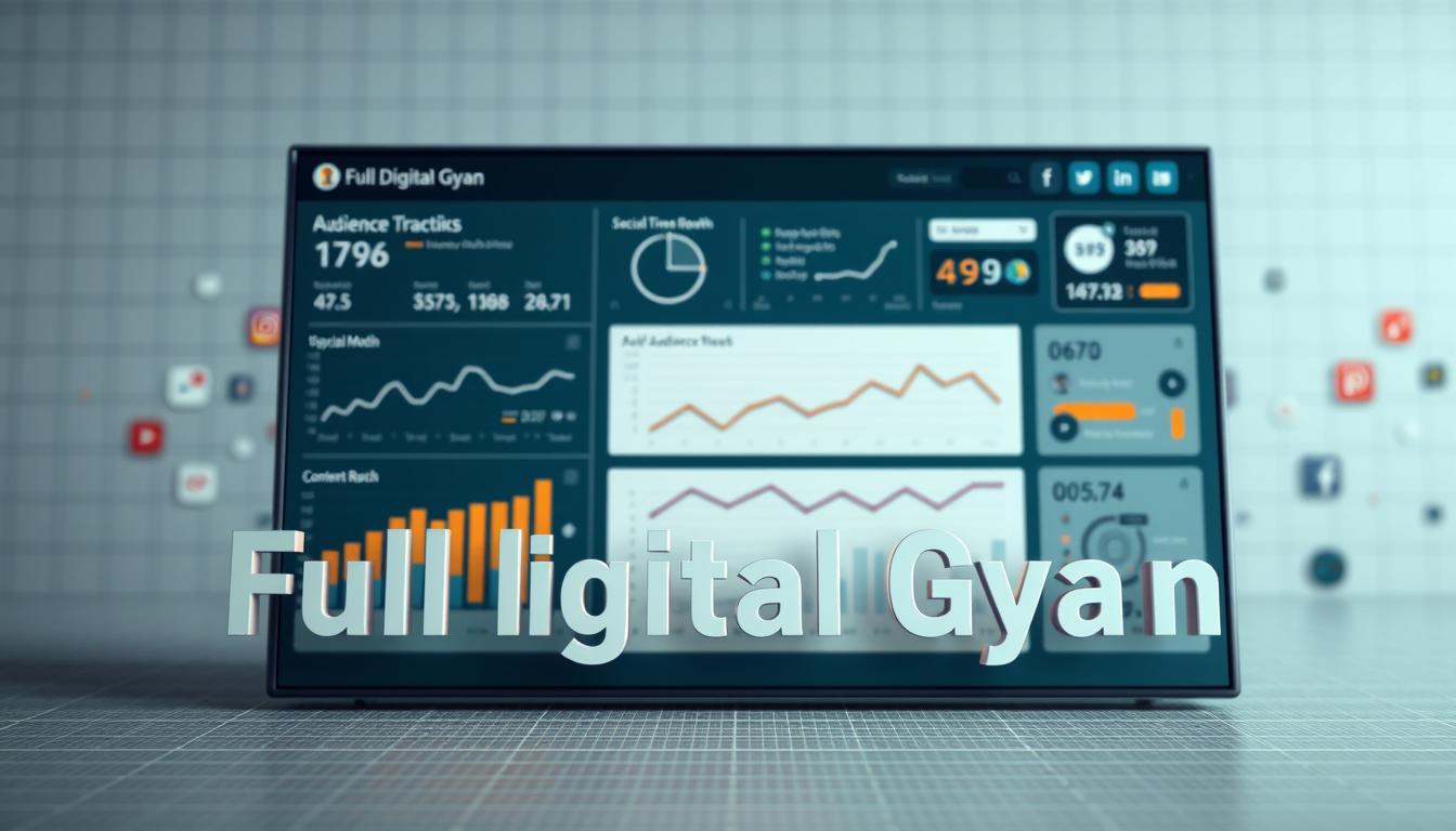 A detailed 3D render of a data analytics dashboard showcasing various social media metrics and performance tracking insights. The dashboard is set against a clean, minimalist backdrop with a subtle grid pattern. In the foreground, a series of interactive data visualizations, charts, and graphs display real-time social media analytics for the "Full Digital Gyan" brand. The middle ground features clean typography highlighting key performance indicators such as audience growth, engagement rates, and content reach. In the background, a soft blur of social media icons and app interfaces creates a sense of technological sophistication. Warm, directional lighting accentuates the sleek, modern aesthetic, conveying the power of data-driven social media optimization.
