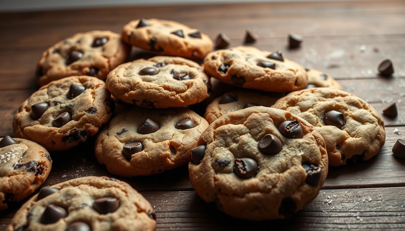 A collection of delectable chocolate chip cookies on a rustic wooden table, with varied textures, shapes, and sizes. The cookies are freshly baked, with golden-brown edges and gooey, melted chocolate chips peeking out. A soft, diffused lighting illuminates the scene, casting a warm, inviting glow. In the background, a simple white backdrop allows the cookies to be the star, while a few scattered crumbs and a dusting of powdered sugar add subtle details. The overall composition highlights the diversity of this classic treat, showcasing its versatility and the joy of homemade baking.