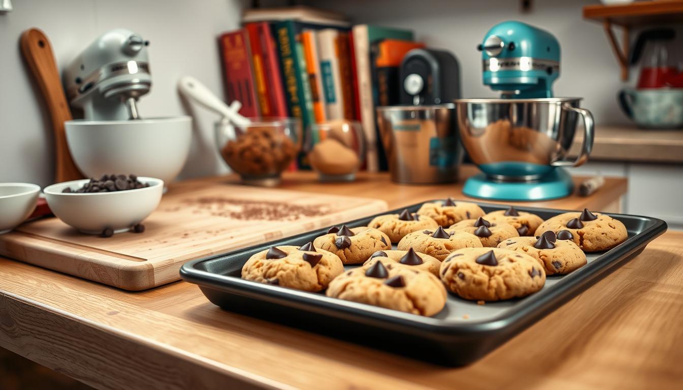 A cozy kitchen counter with a cutting board, mixing bowls, and a tray of freshly baked chocolate chip cookies. Warm, golden-brown cookies with gooey chocolate chips, their aroma filling the air. In the background, a bookshelf with well-worn baking cookbooks, a hand mixer, and a sifter. Soft, diffused lighting illuminates the scene, creating a inviting, homely atmosphere. The camera angle is slightly elevated, capturing the scene from an approachable, eye-level perspective. The image conveys the comforting and rewarding process of baking delicious chocolate chip cookies at home.
