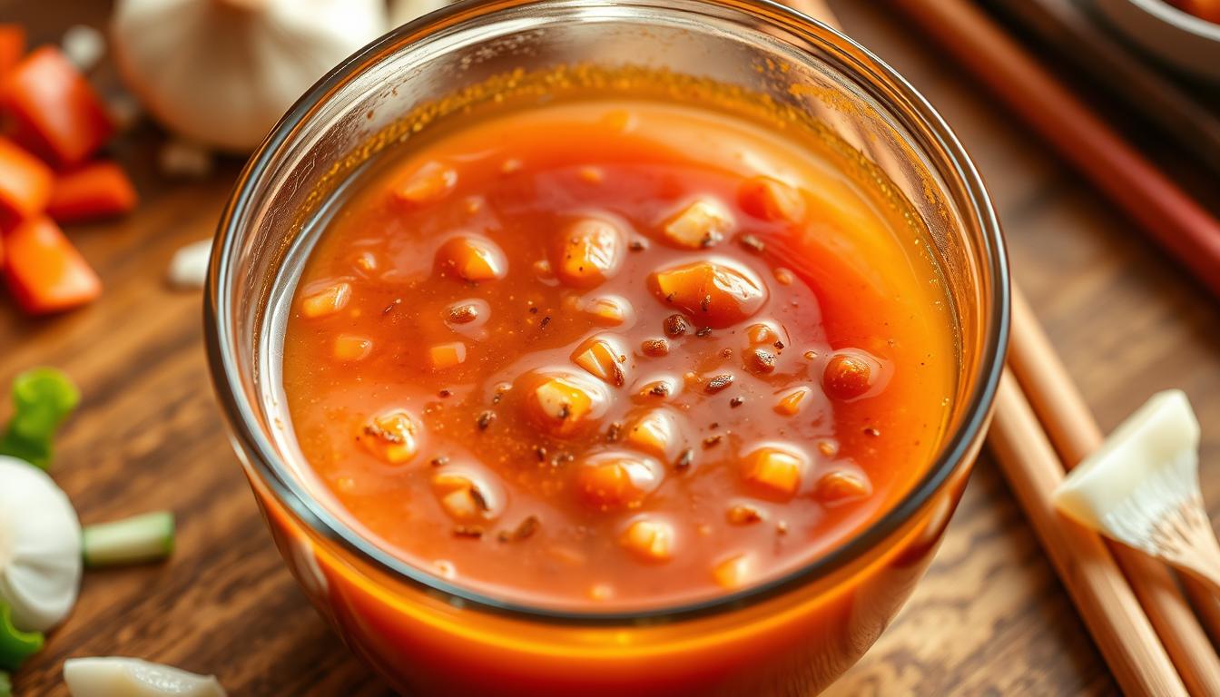A glass bowl filled with a rich, homemade stir-fry sauce, its vibrant orange-brown hue glistening under warm, golden lighting. The sauce has a thick, glossy texture, with visible flecks of garlic, ginger, and aromatic spices suspended within. The bowl is placed on a wooden surface, surrounded by freshly chopped vegetables and a set of chopsticks, hinting at the dish's impending assembly. The scene evokes a sense of culinary craftsmanship and the alluring aroma of a homemade Asian-inspired meal.