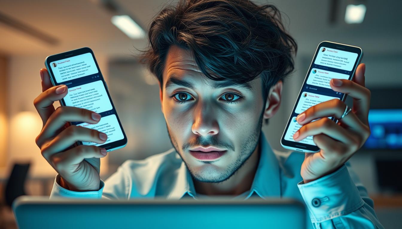 Person overwhelmed with email notifications on multiple devices with an AI assistant helping organize them