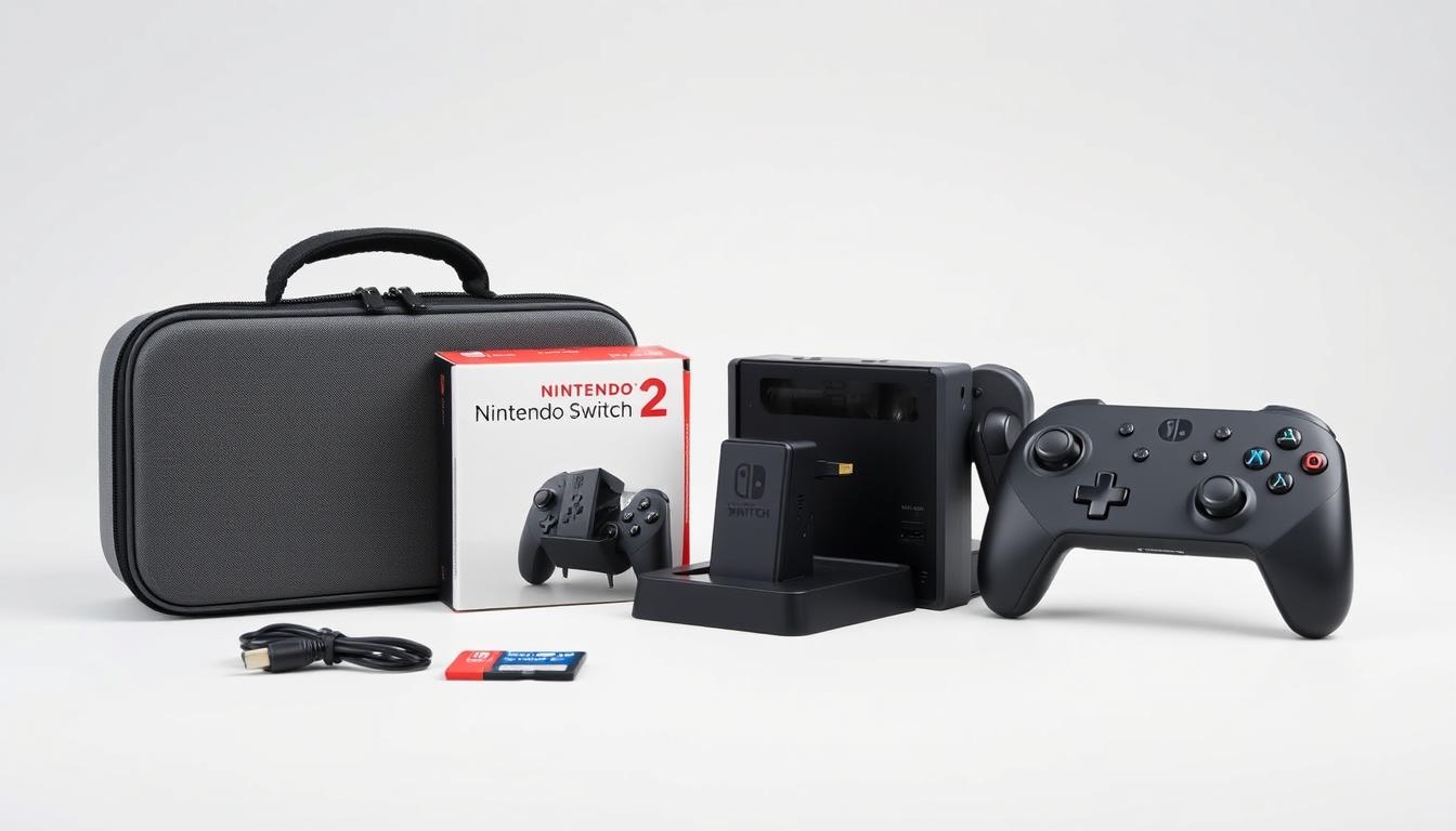 Nintendo Switch 2 accessories collection including case, dock, and microSD Express card