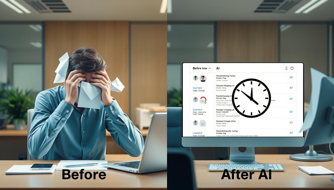 Person comparing time spent on emails before and after using an AI email assistant