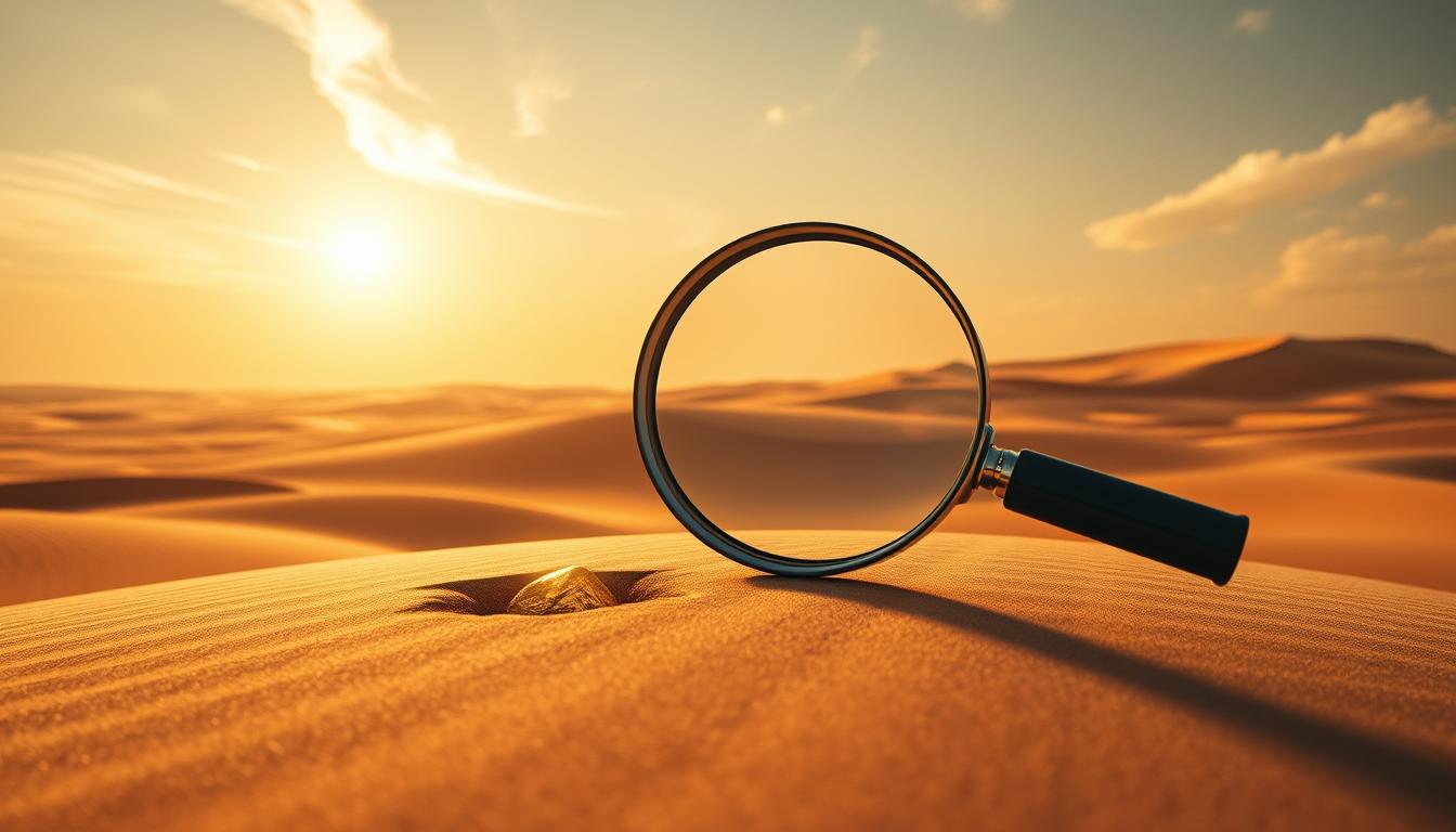 A desert landscape with a magnifying glass hovering over a small patch of sand, revealing a glimmering golden nugget hidden beneath the surface. Warm, golden sunlight filters through wispy clouds, casting a gentle glow over the scene. The magnifying glass is held by a disembodied hand, symbolizing the act of careful exploration and discovery. The background is a vast, undulating sea of sand dunes, hinting at the wealth of opportunities waiting to be uncovered in the niche market. The overall mood is one of anticipation, curiosity, and the promise of hidden treasures.