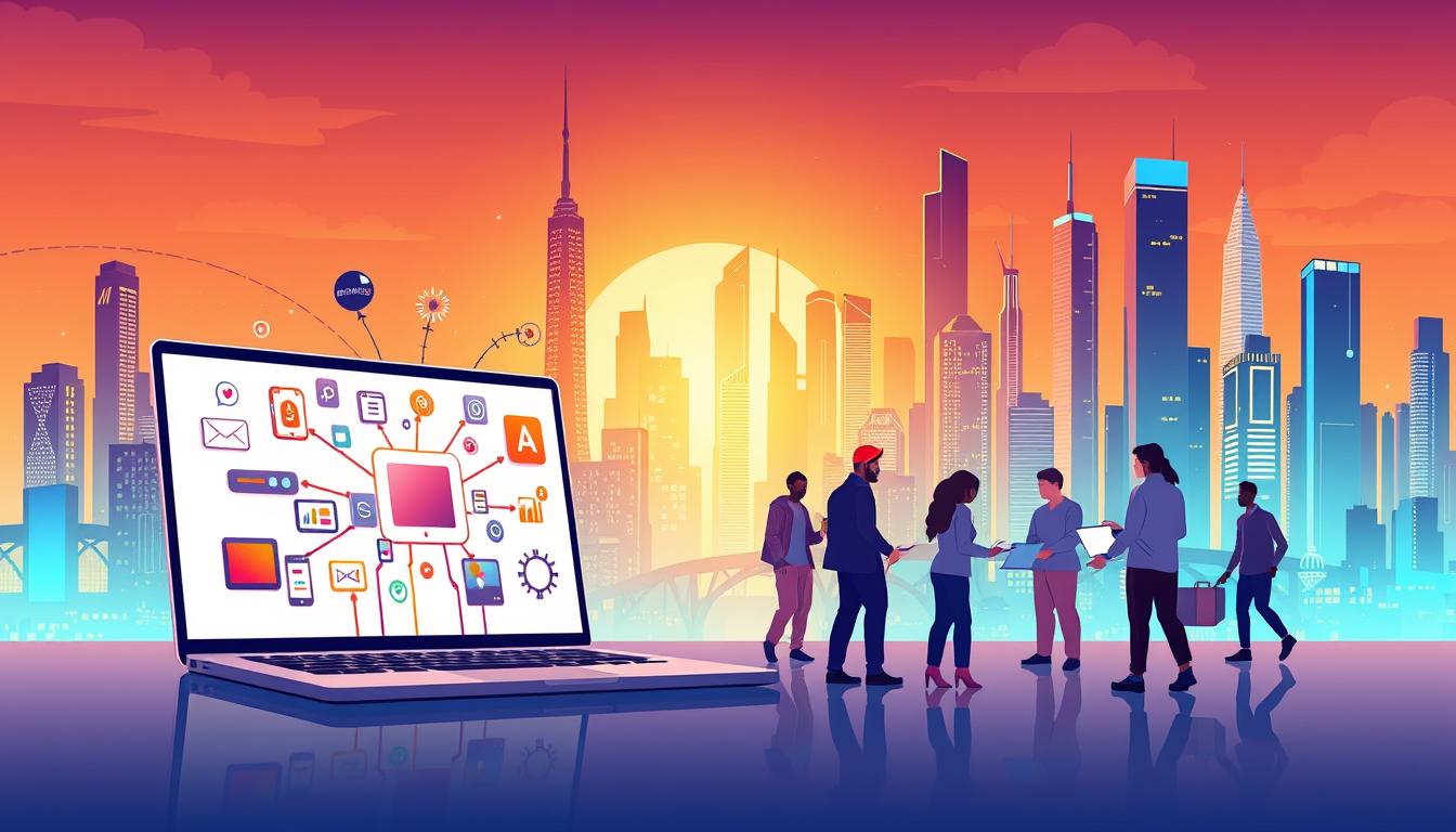 A vibrant, dynamic illustration showcasing the essence of affiliate marketing. In the foreground, a bold, stylized graphic depicts a laptop screen with various digital devices connected, symbolizing the seamless integration of online platforms and tools. The middle ground features a diverse group of people engaged in collaborative work, reflecting the collaborative nature of affiliate marketing. In the background, a futuristic cityscape with towering skyscrapers and glowing neon lights sets the stage for a technologically-driven, innovative landscape. The lighting is a balanced mix of warm and cool tones, creating a visually striking and compelling atmosphere that captures the excitement and potential of the affiliate marketing industry.