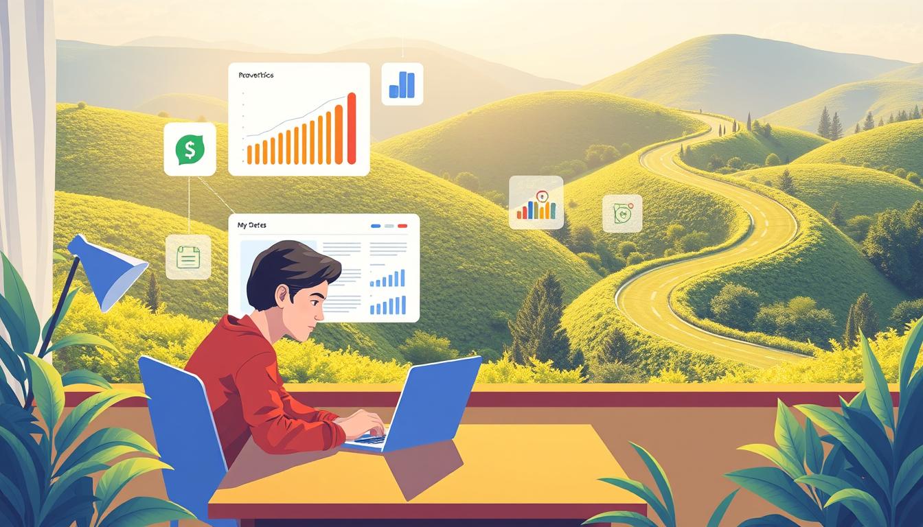 A vibrant illustration showcasing the best AdSense monetization strategy for a blog. In the foreground, a blogger sits at their desk, intently focused on their laptop screen, surrounded by a cozy, well-lit workspace. Behind them, a stylized visualization of AdSense revenue metrics and analytics dashboards hovers, providing insight into optimizing ad placement and content. In the background, a lush, verdant landscape symbolizes the growth and prosperity of the blog, with a winding road leading to new opportunities. The lighting is soft and warm, creating an atmosphere of productivity and success. The overall composition conveys the strategic and analytical approach to maximizing AdSense earnings through careful content planning and ad optimization.