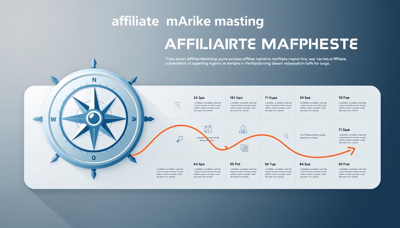 A professional, modern, and visually striking infographic depicting a "Smart Affiliate Marketing Roadmap". The foreground showcases a stylized compass with dynamic navigation elements, symbolizing the guidance and direction for affiliate marketing success. The middle ground features a clean, minimalist grid layout with iconography and data visualizations outlining the key steps and milestones on the affiliate marketing journey. The background has a subtle gradient or geometric pattern, conveying a sense of progress and technology. The overall composition should feel cohesive, visually engaging, and effectively communicate the "Affiliate Marketing Mastery Roadmap" concept.